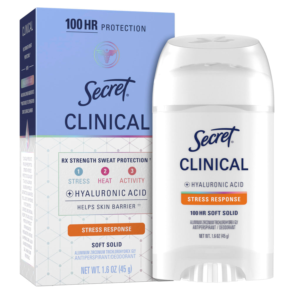 Secret Clinical Strength deodorant bottle front displays trusted protection for stress and heat.