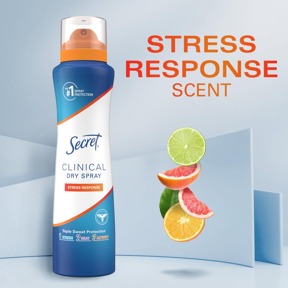 Secret Clinical Strength Dry Spray odour-control label communicates lasting freshness.