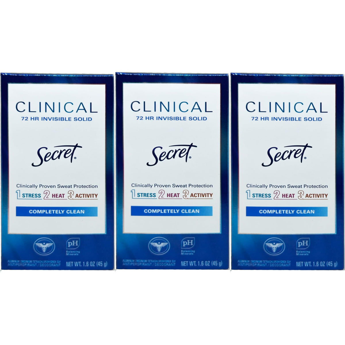 Secret Clinical Strength Invisible Solid Deodorant three-pack box for reliable protection