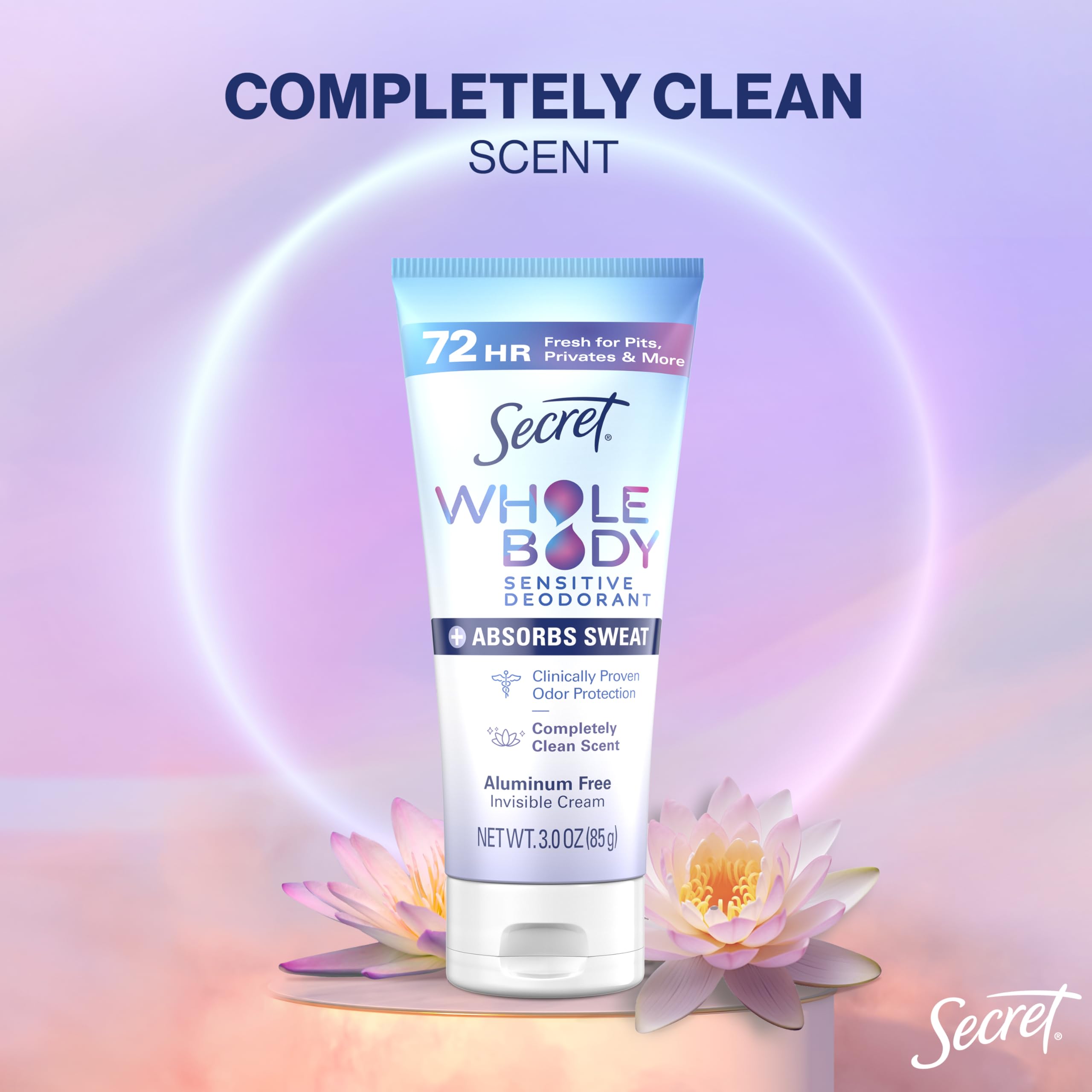 Secret Dry Feel Cream tube close-up emphasizes quick-dry, non-greasy finish
