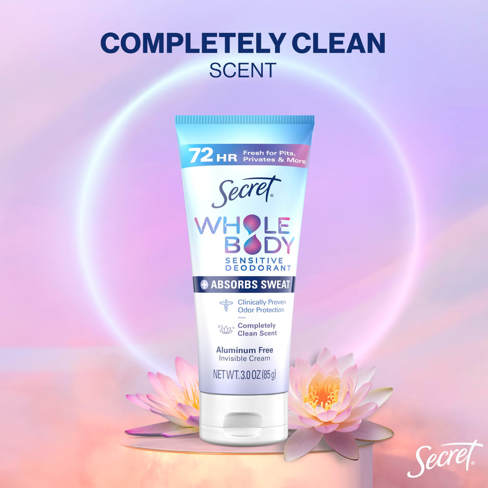 Secret Dry Feel Cream tube close-up emphasizes quick-dry, non-greasy finish