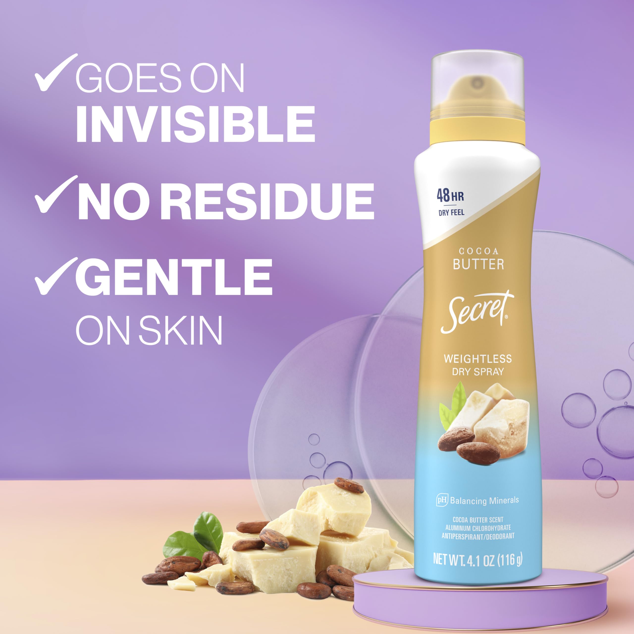 Secret Dry Spray bottle back view highlighting gentle-on-skin formula.