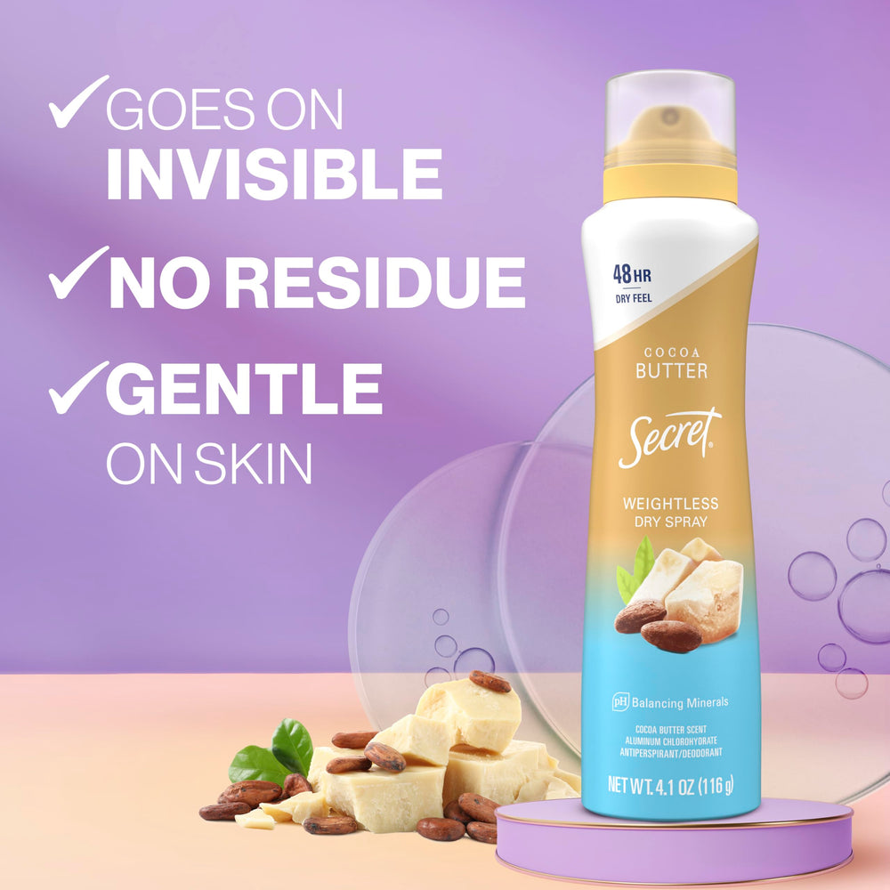 Secret Dry Spray bottle back view highlighting gentle-on-skin formula.