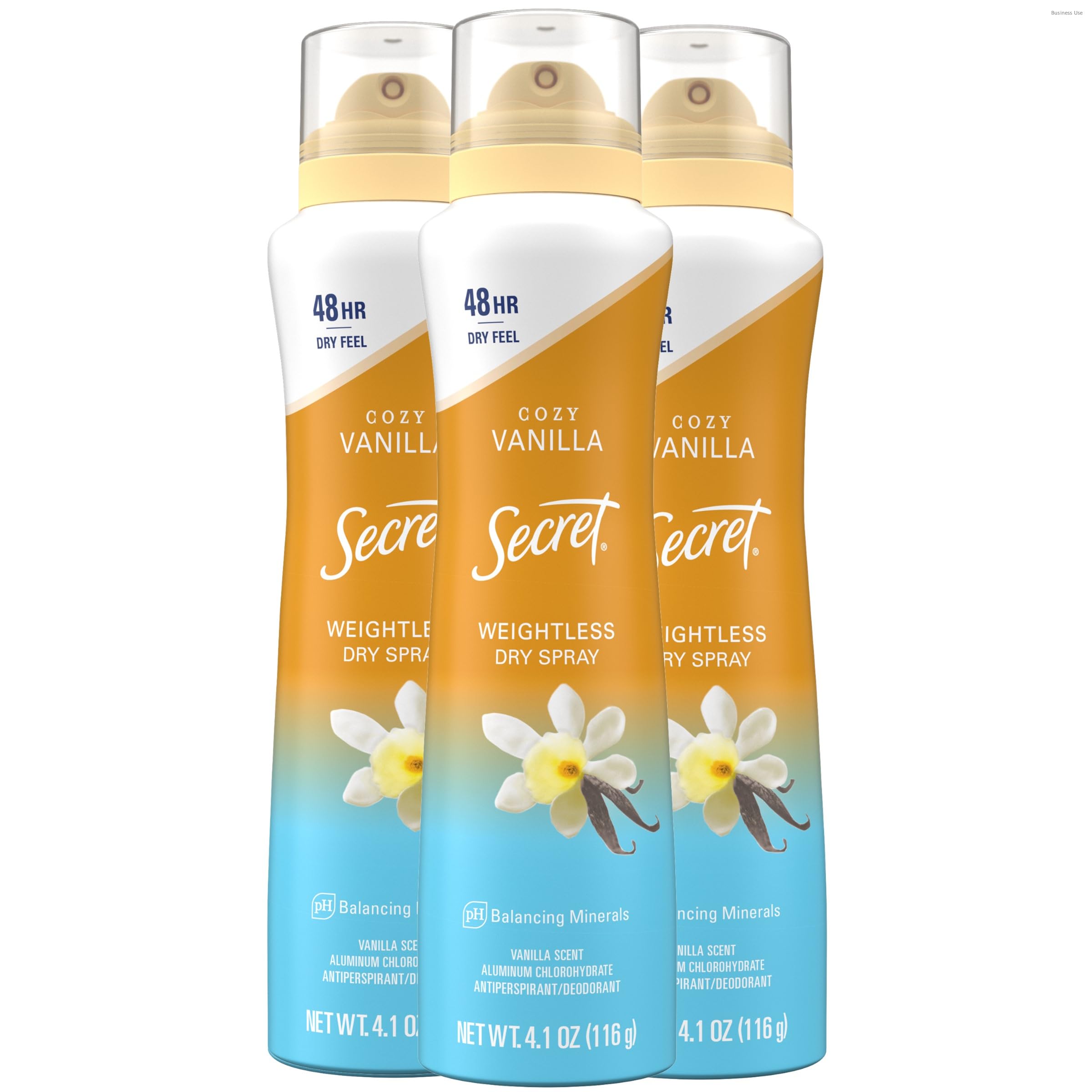 Secret Dry Spray logo and product showing instant dry feel for comfortable wear