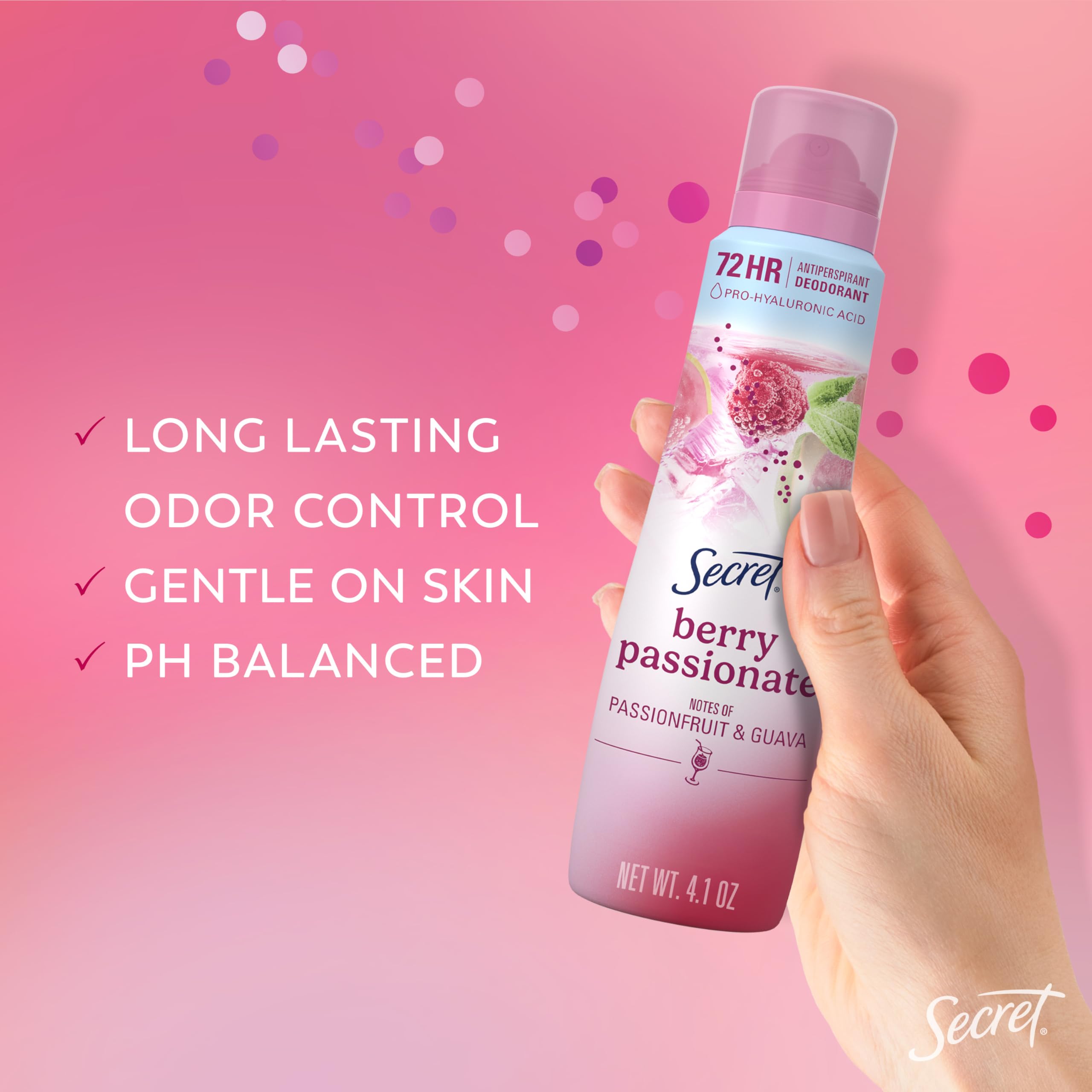 Secret Dry Spray action underarm demonstrates fast, invisible protection after workouts.