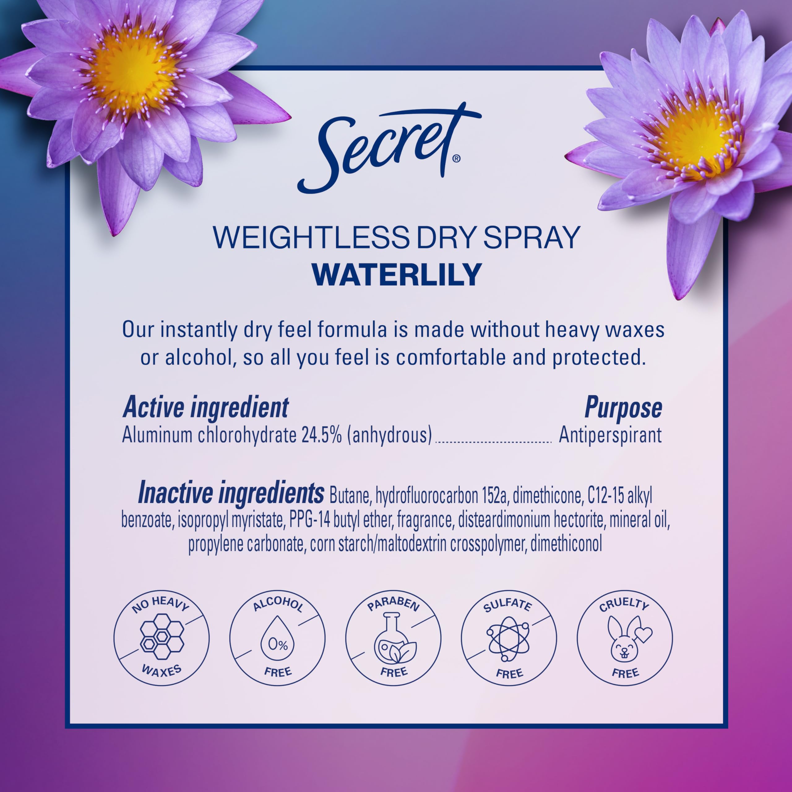 No-wax and alcohol-free formula detail of Secret Dry Spray