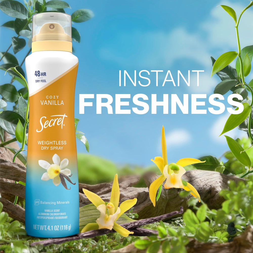 Secret Dry Spray free from heavy waxes and alcohol for a clean feel