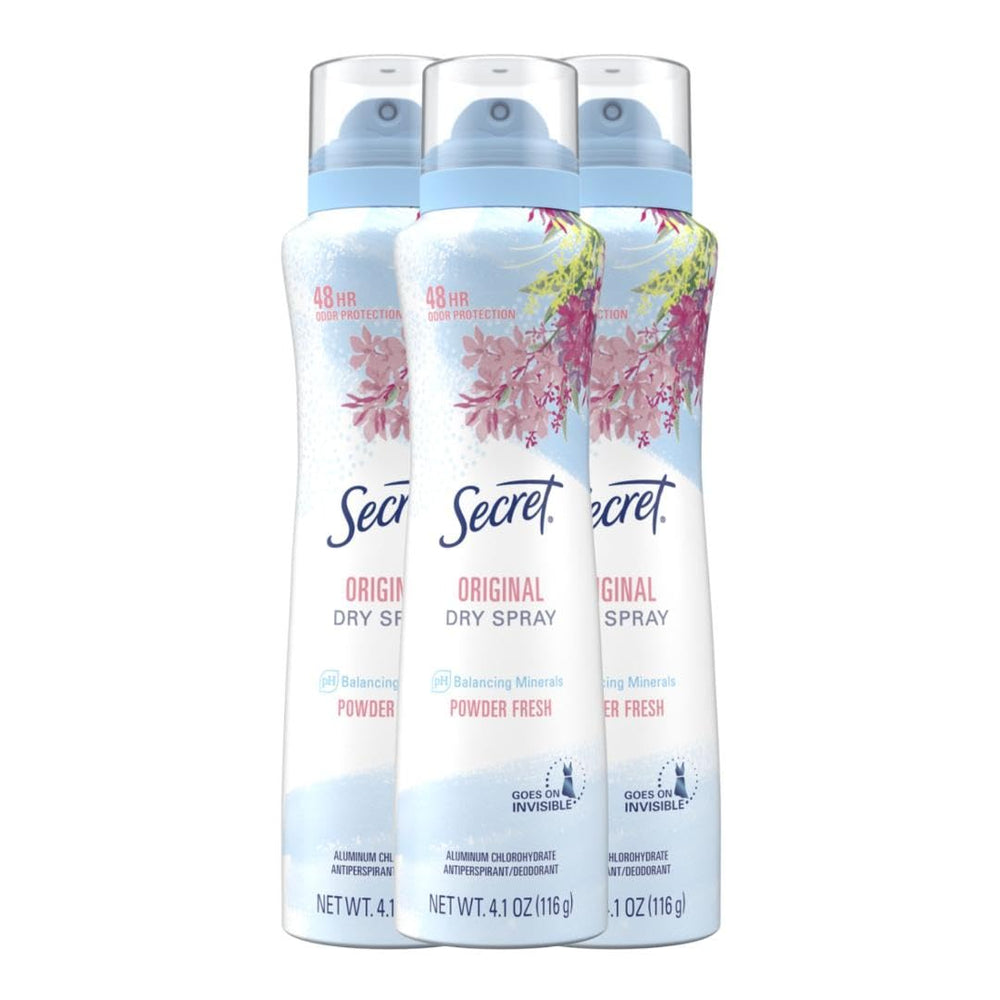 Secret Dry Spray bottle front shows a powder fresh scent and all-day protection