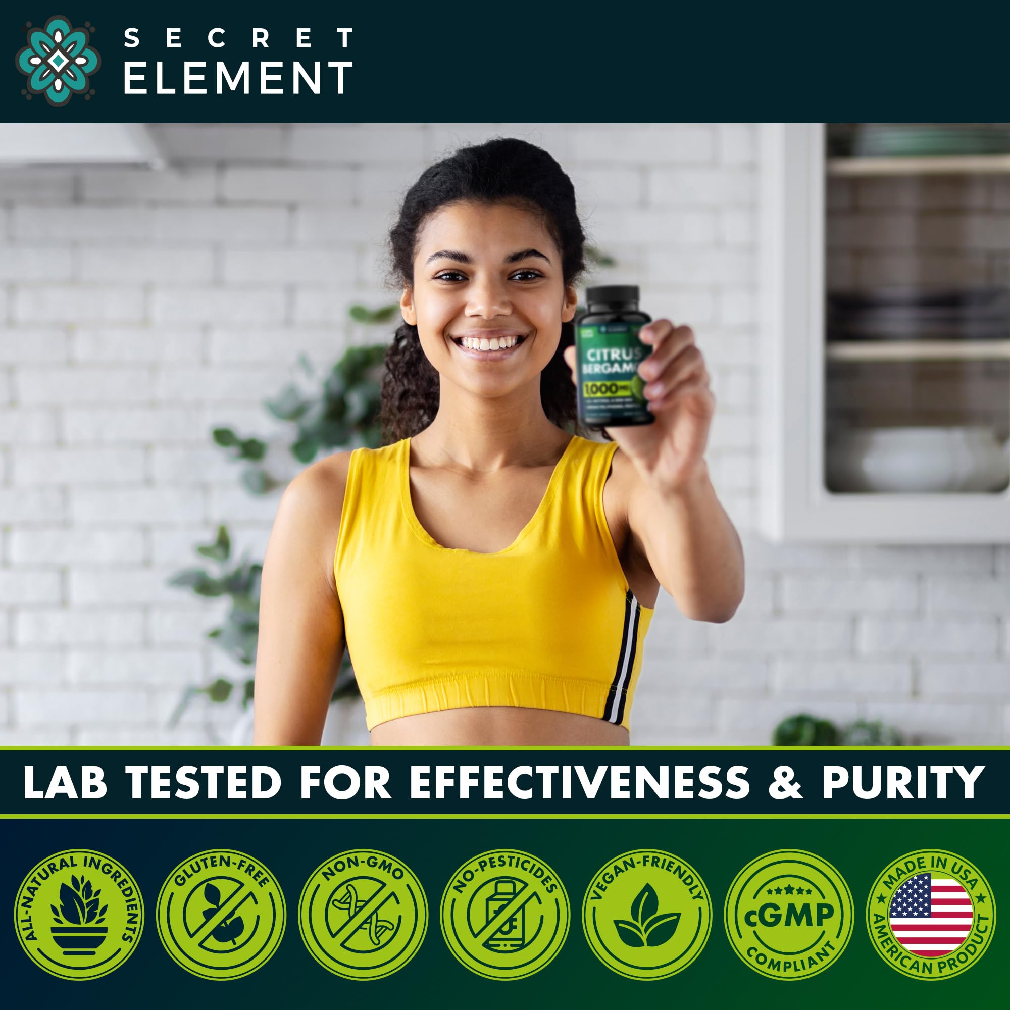 Secret Element Citrus Bergamot 1000mg bottle label highlights vegan, non-GMO ingredients.