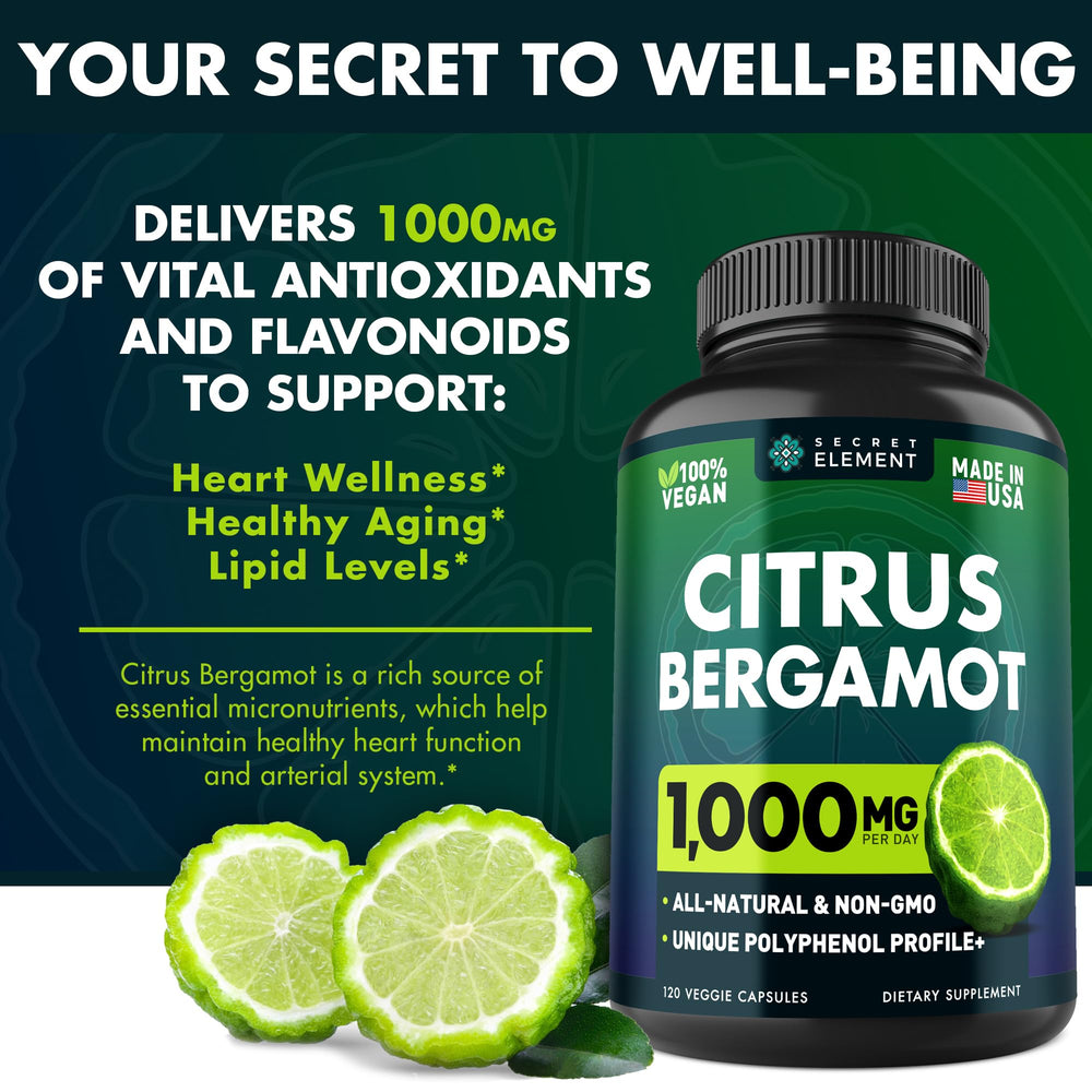 Secret Element Citrus Bergamot 1000mg bottle beside a glass demonstrates easy daily use.