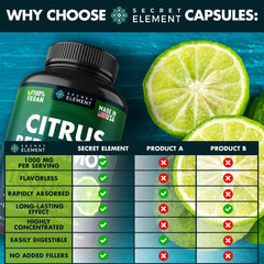 Secret Element Citrus Bergamot 1000mg capsules close-up shows tasteless, easy-to-swallow capsules.