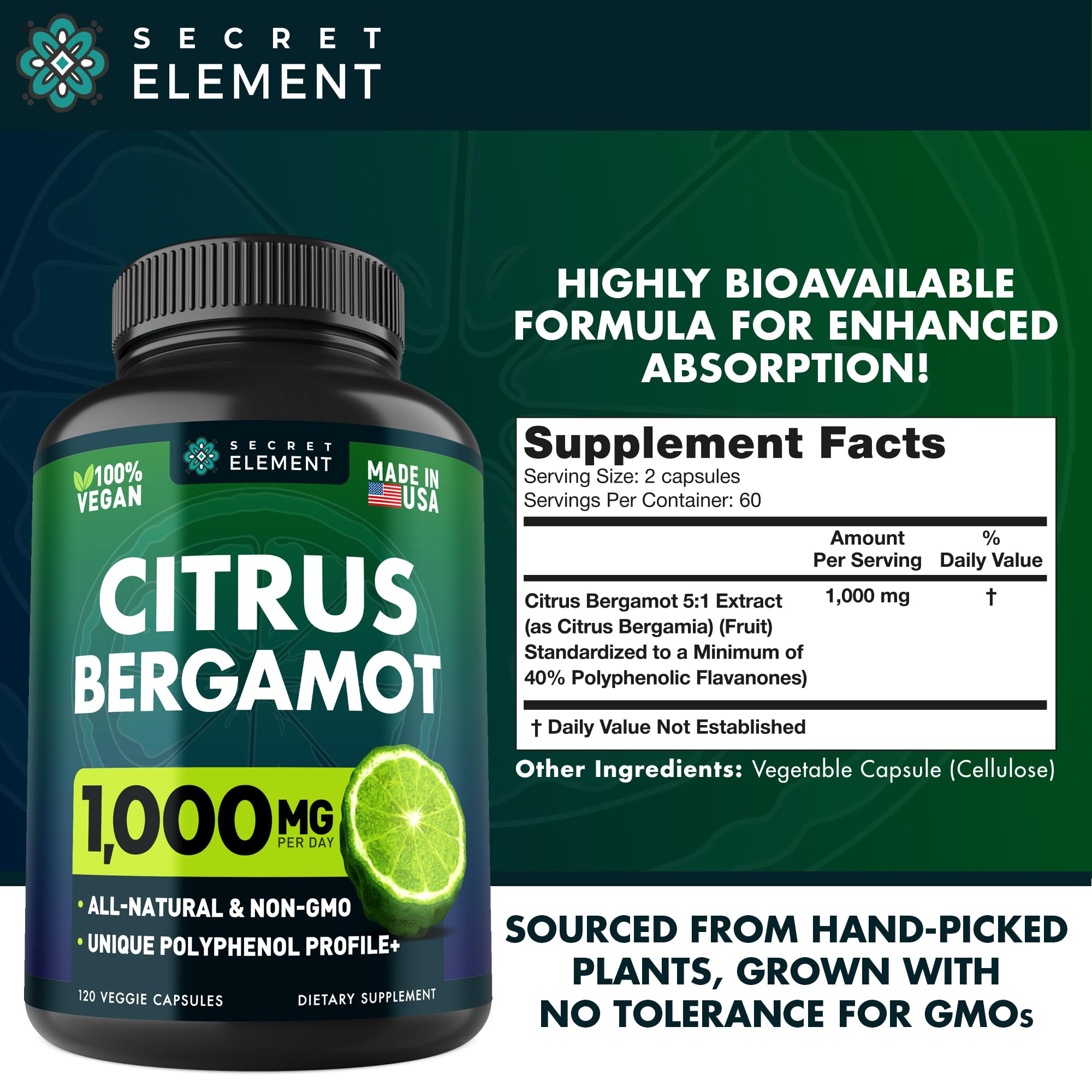 Secret Element Citrus Bergamot 1000mg label notes USA-made GMP facility.