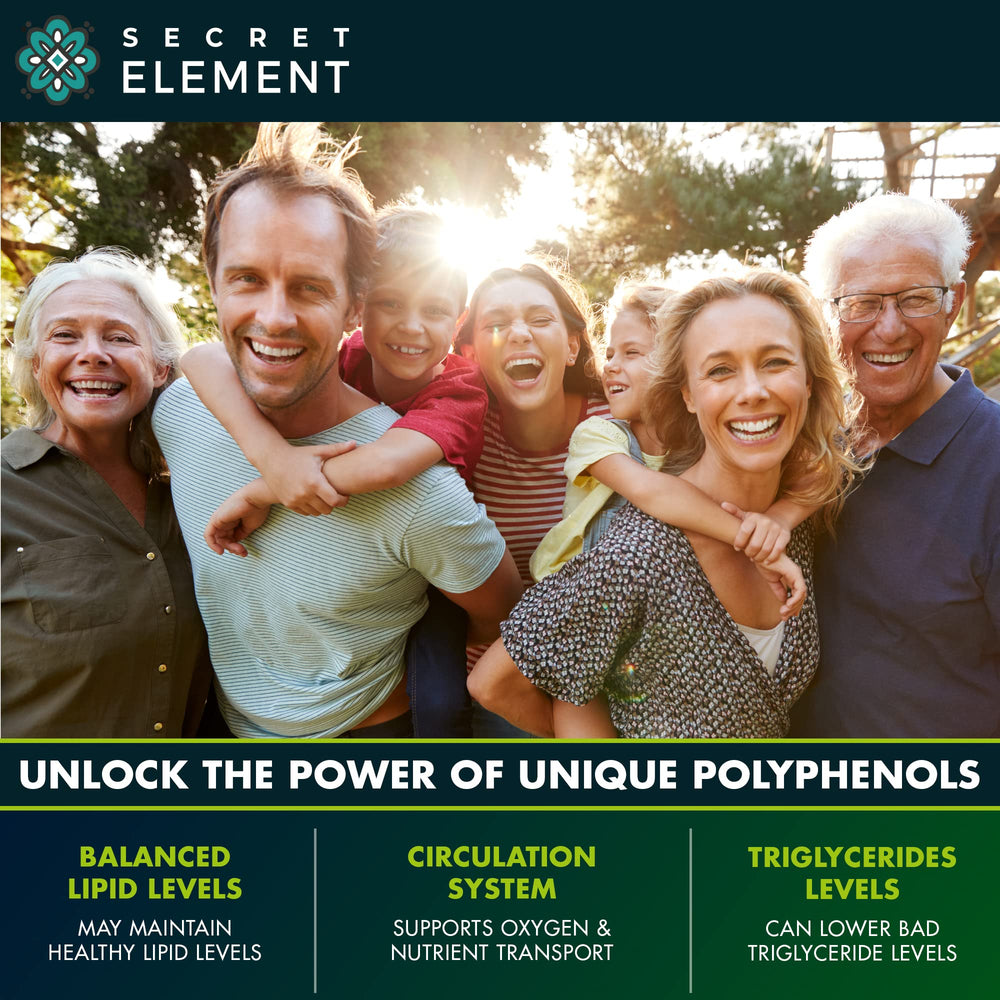 Secret Element bergamot polyphenol content graphic indicates antioxidant-rich profile.