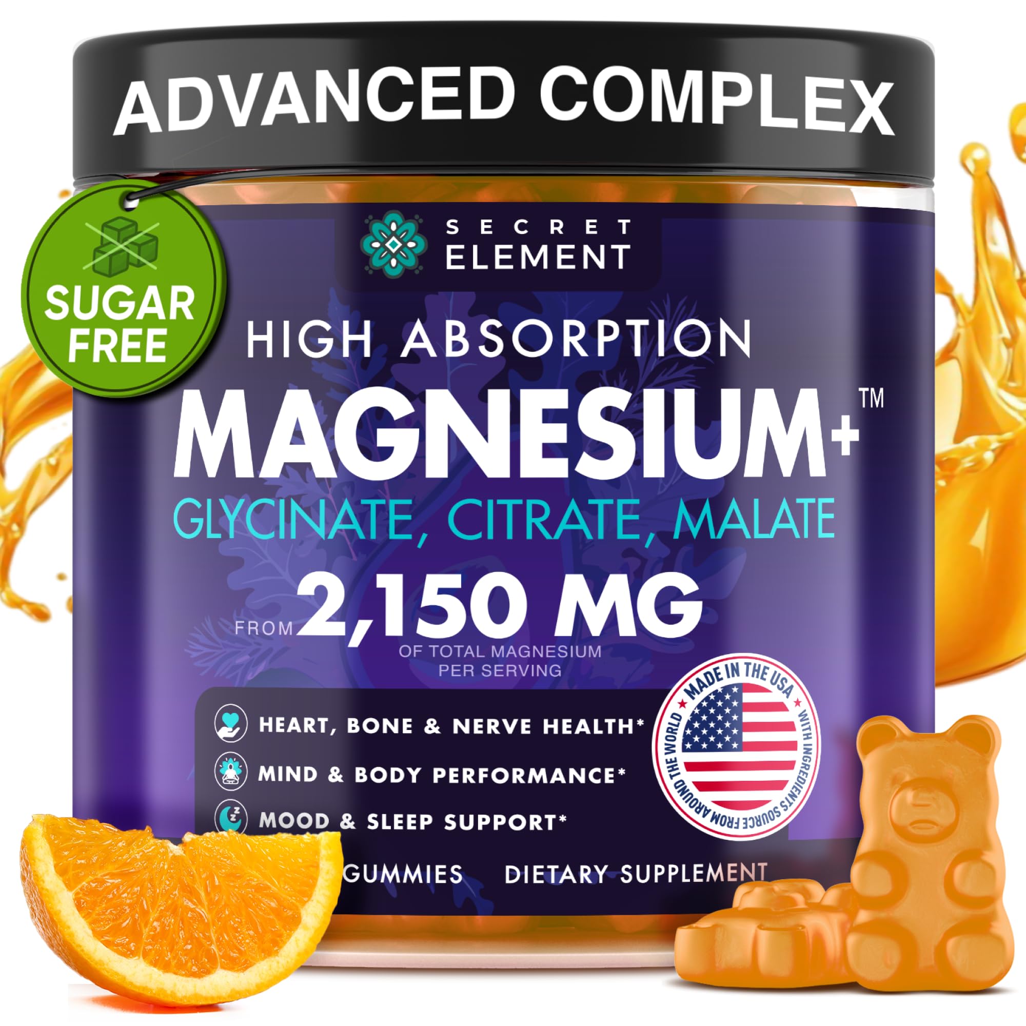 Secret Element magnesium glycinate gummies bottle front—high-absorption formula for daily wellness.