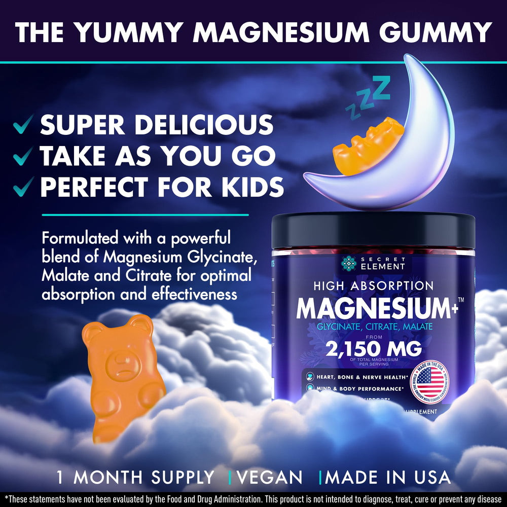 Secret Element magnesium glycinate gummies close‑up with orange flavor and smooth texture.