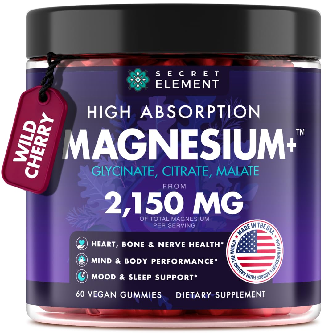 Secret Element magnesium glycinate gummies bottle highlighting high absorption for daily wellness.