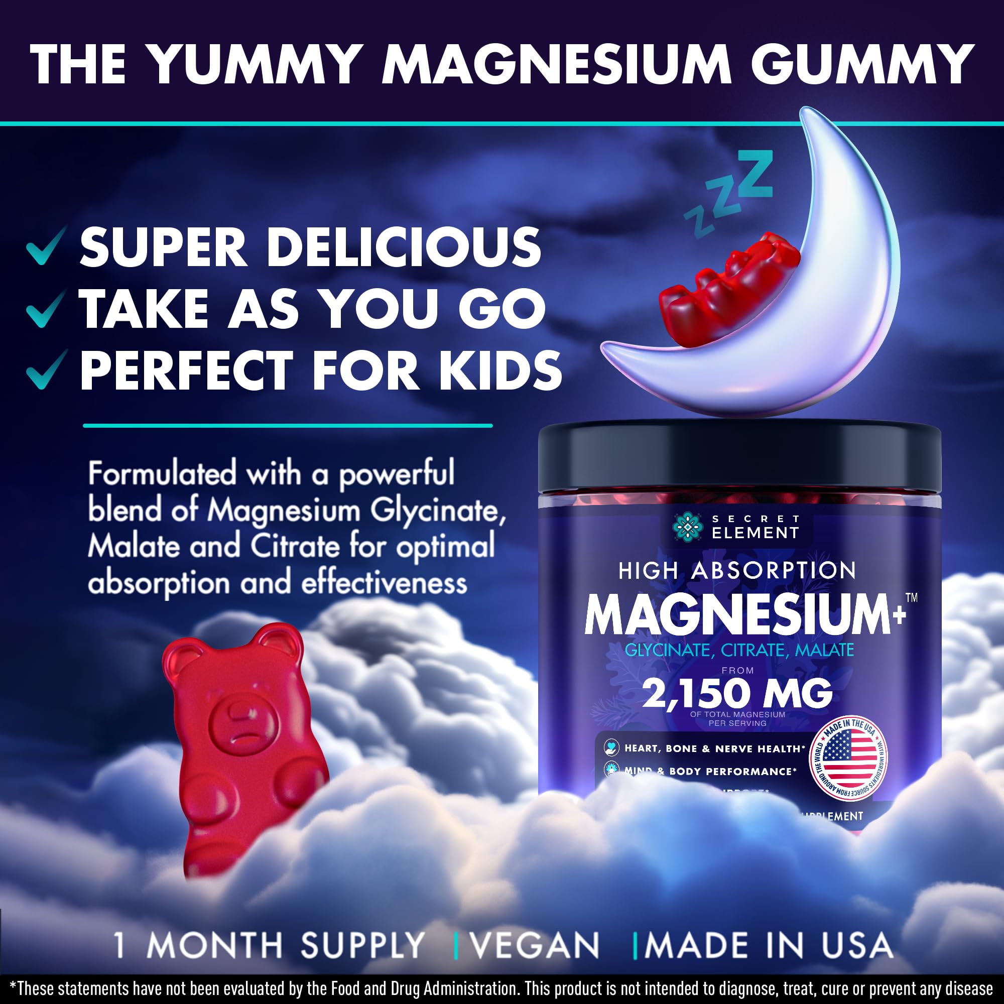 Secret Element magnesium glycinate gummies close-up with wild cherry flavor for daily support.