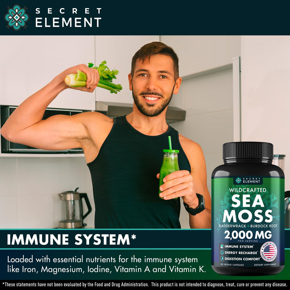 Secret Element Sea Moss Capsules packaging highlights Irish sea moss for everyday vitality