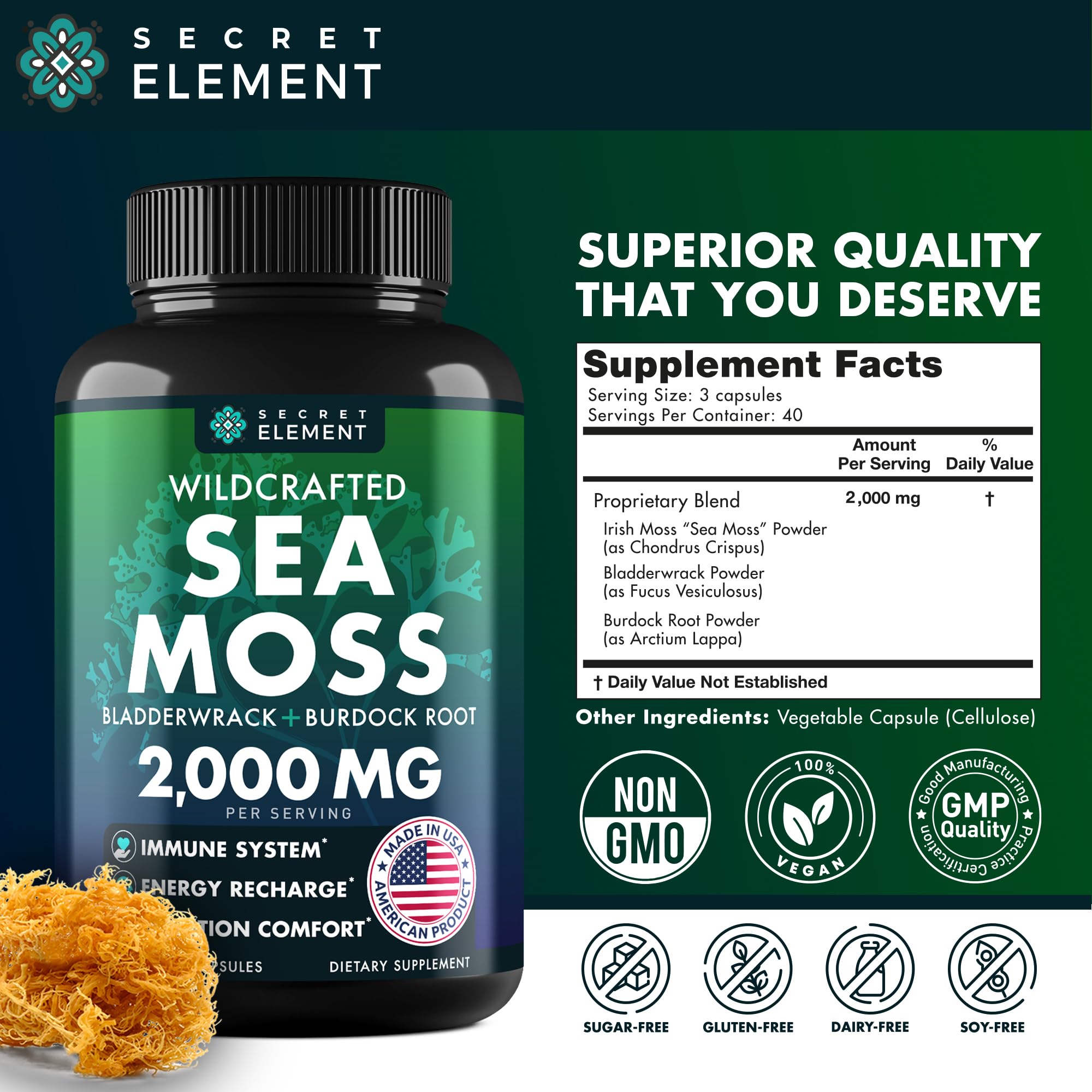 Secret Element Sea Moss Capsules muira puama detail suggests botanicals for daily use