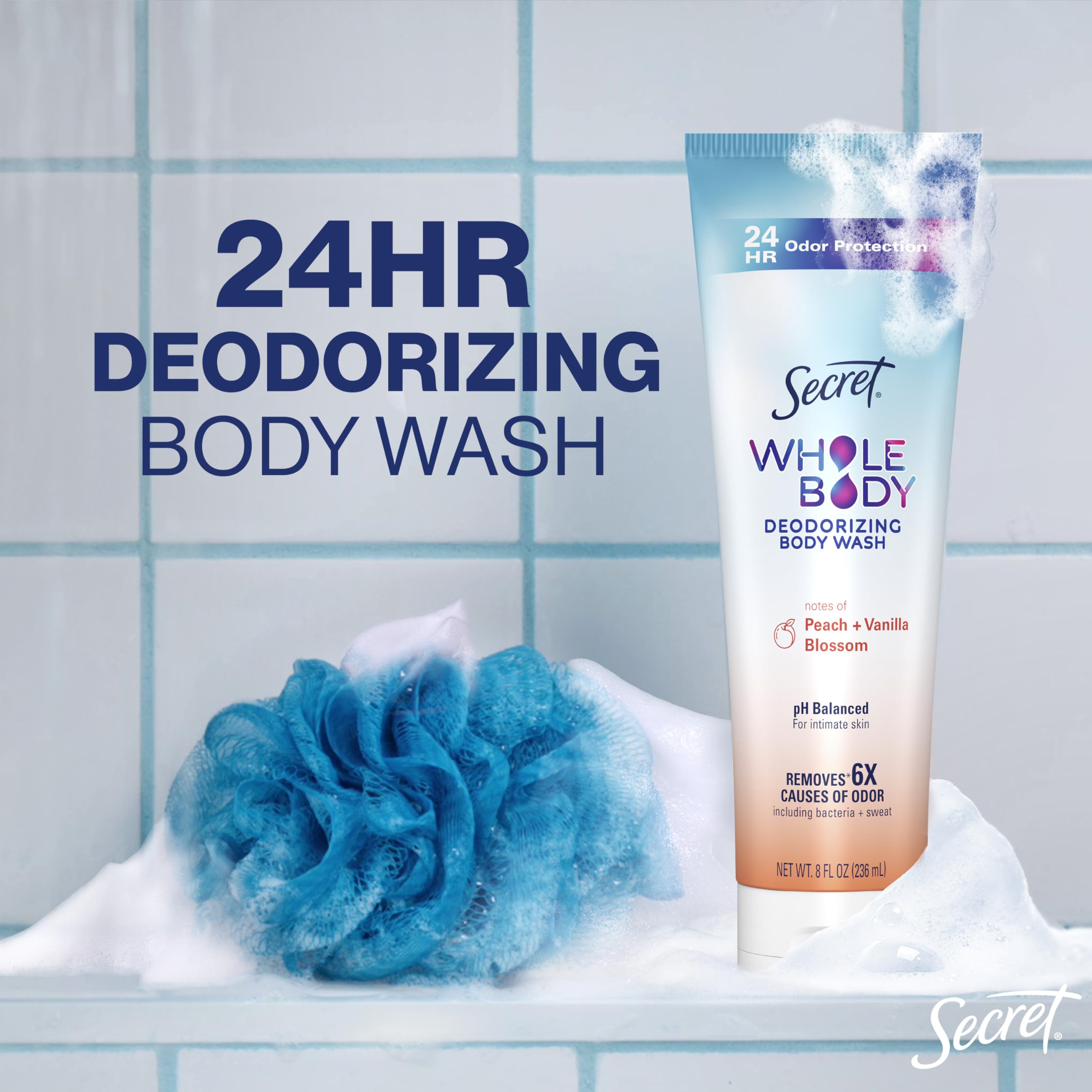 Secret Feminine Wash label close-up shows pH-balanced formula.
