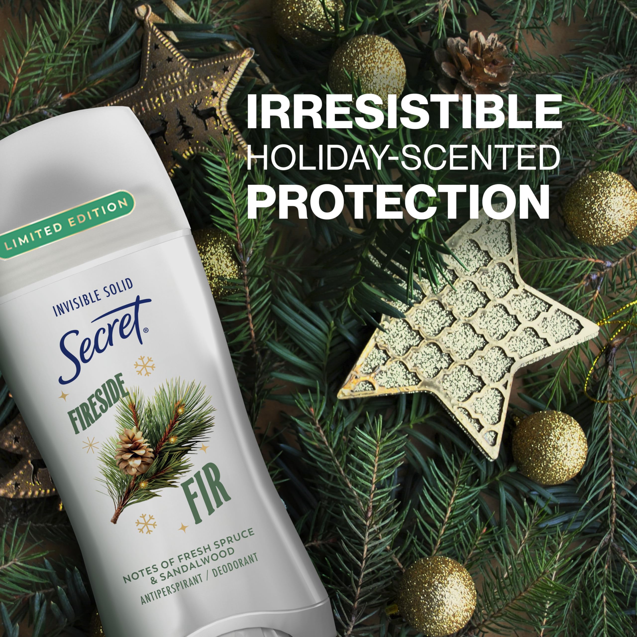 Secret Fireside Fir scent packaging evokes cozy seasonal fragrance