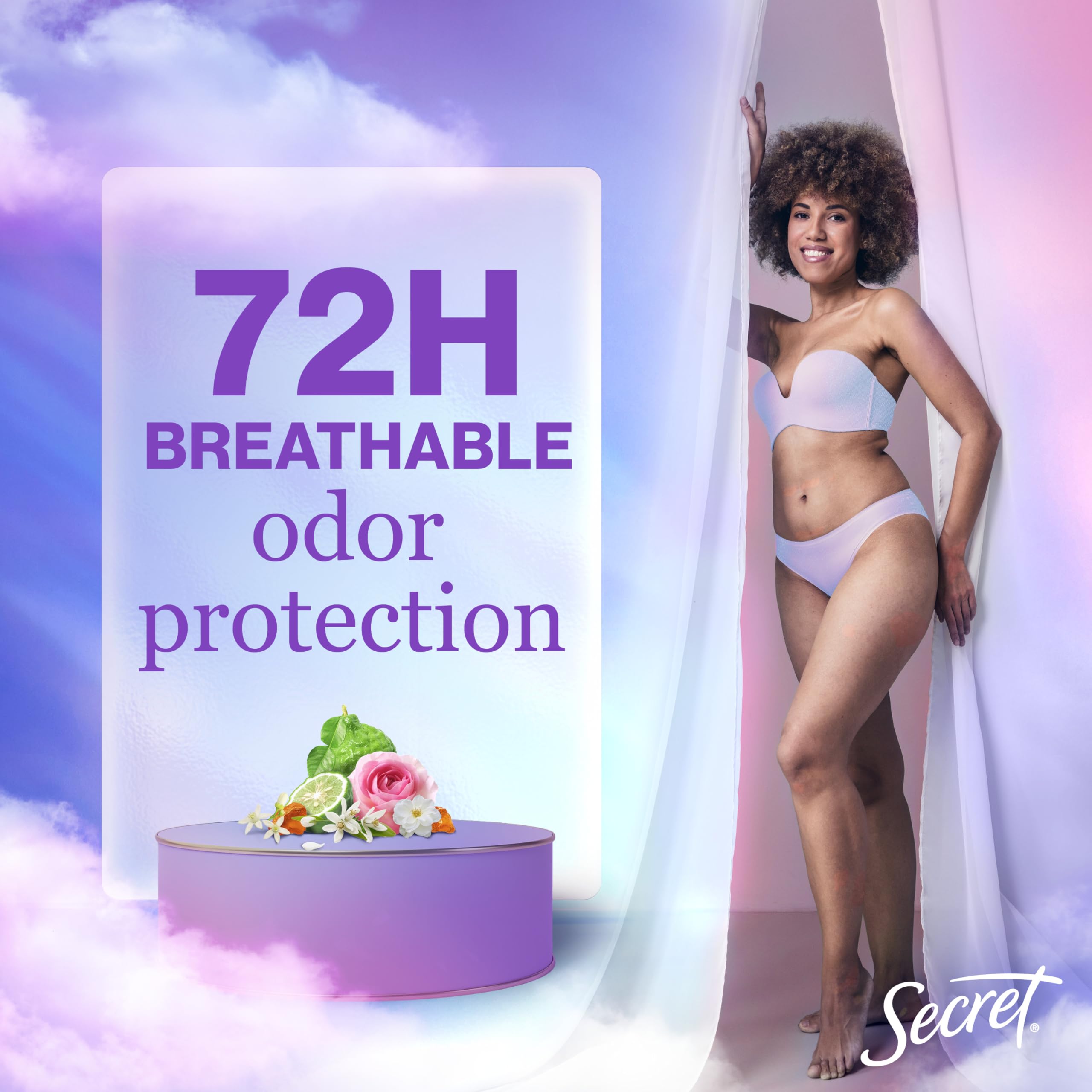 Secret Fresh 72-hour odor protection label indicates extended freshness.