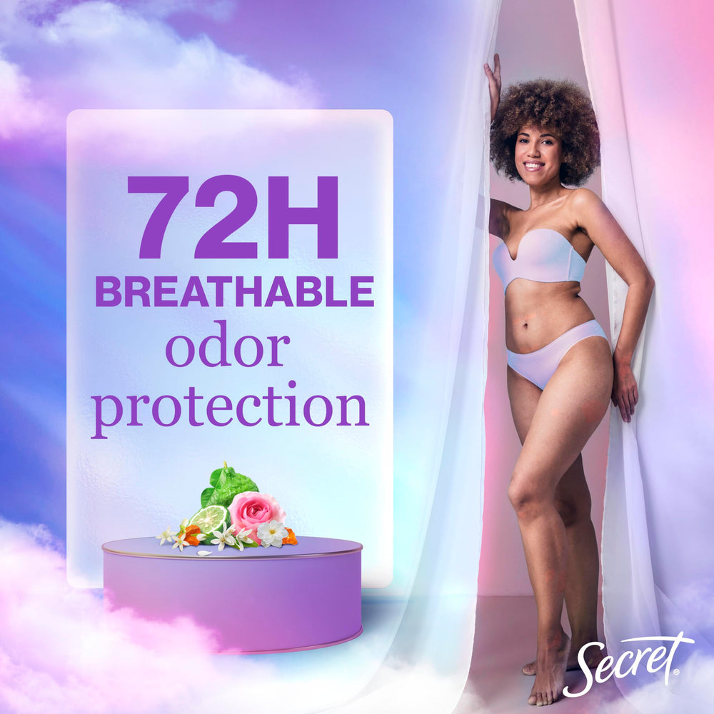 Secret Fresh 72-hour odor protection label indicates extended freshness.