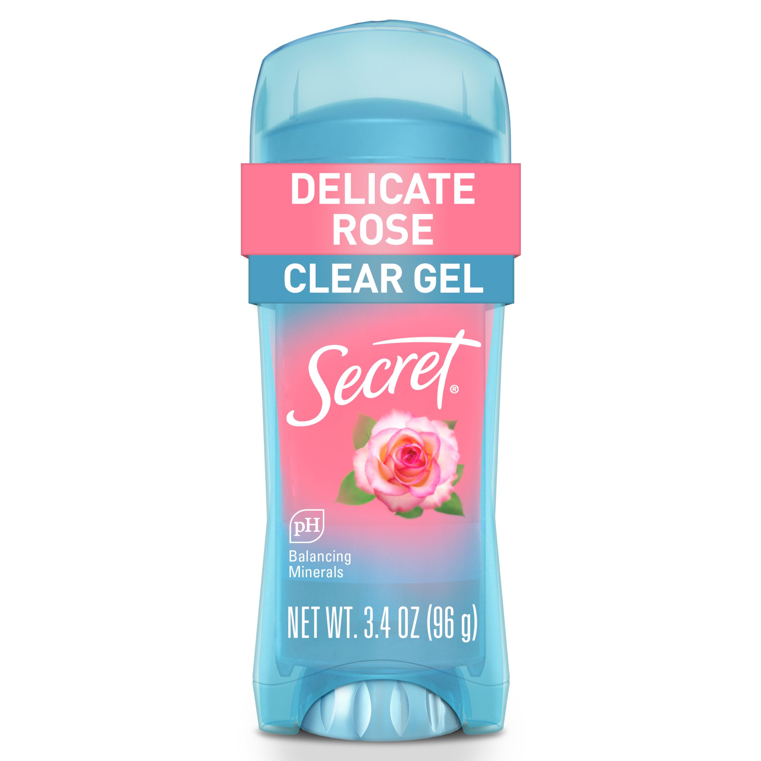 Secret Fresh antiperspirant bottle closeup shows clear gel for fast, residue-free drying.