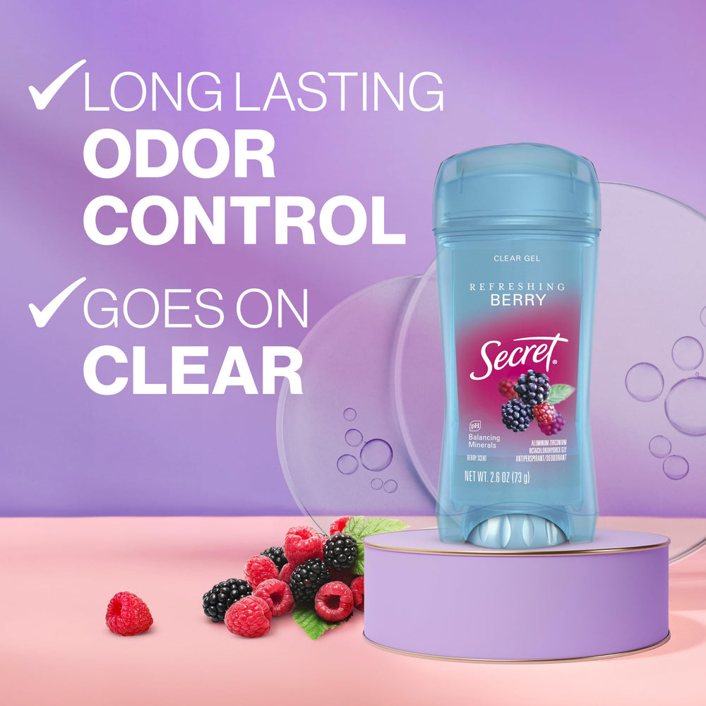 Secret Fresh clear gel application showing quick-drying formula for daily wear.