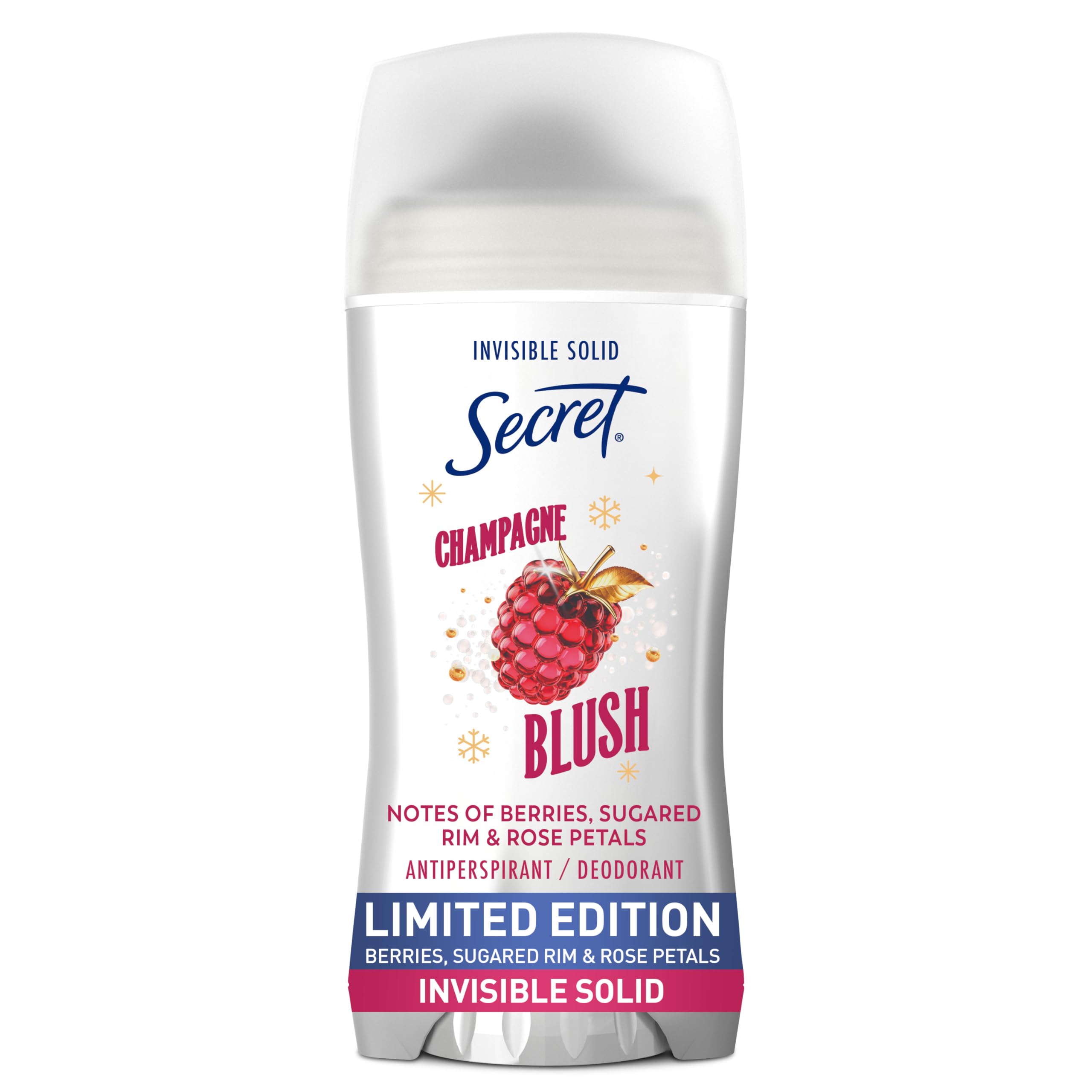 Secret Fresh Holiday bottle front view highlights Champagne Blush scent for daily freshness.