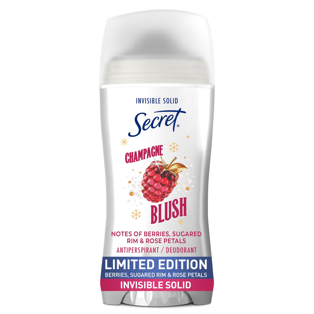 Secret Fresh Holiday bottle front view highlights Champagne Blush scent for daily freshness.
