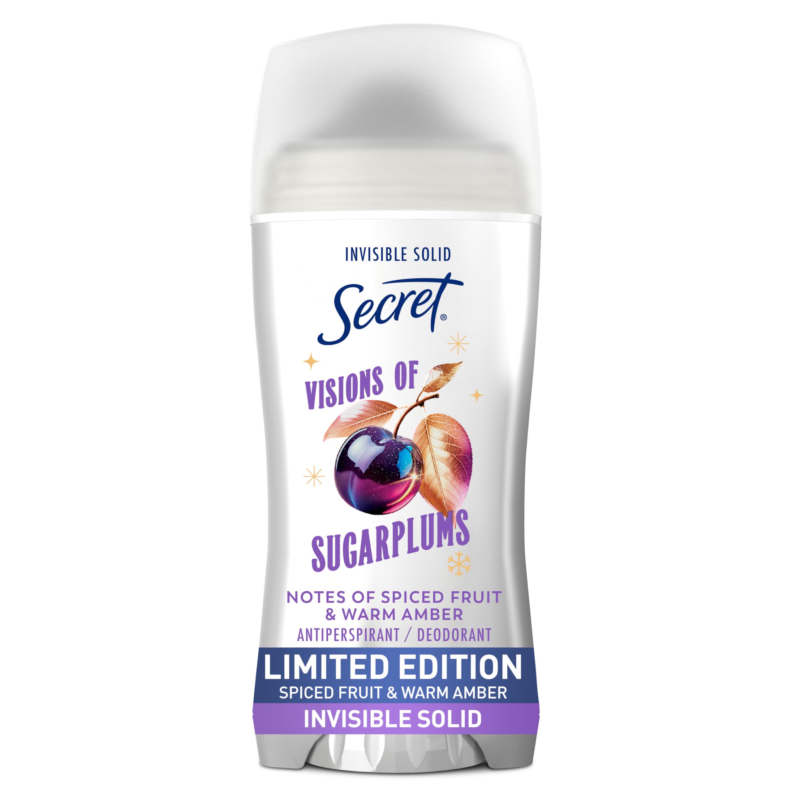 Secret Fresh Holiday deodorant bottle shows long-lasting odor protection.