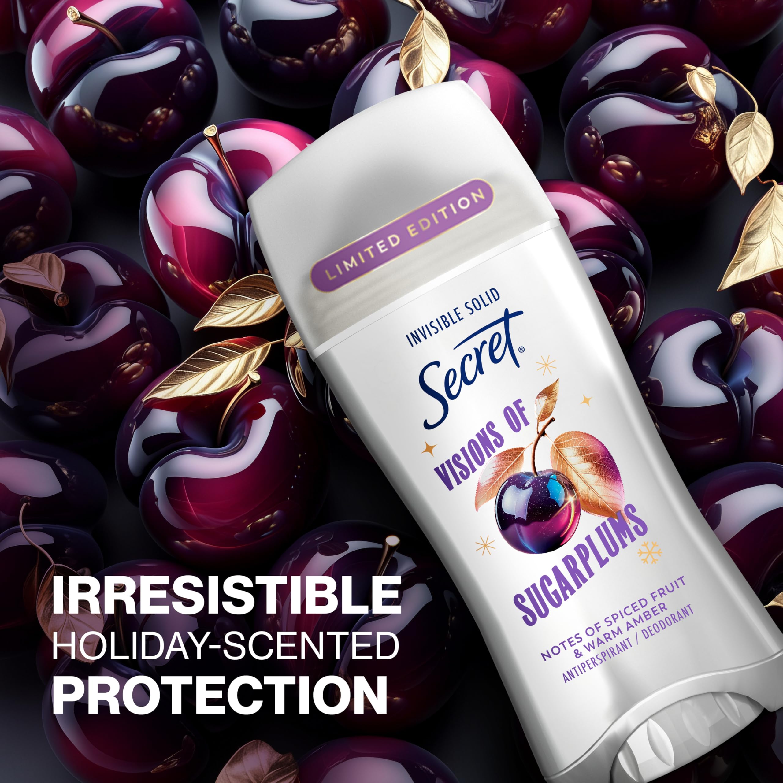 Secret Fresh deodorant bottle on shelf with festive sugarplum scent.