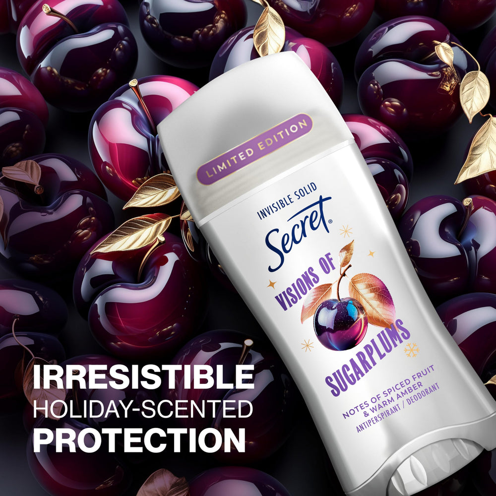 Secret Fresh deodorant bottle on shelf with festive sugarplum scent.