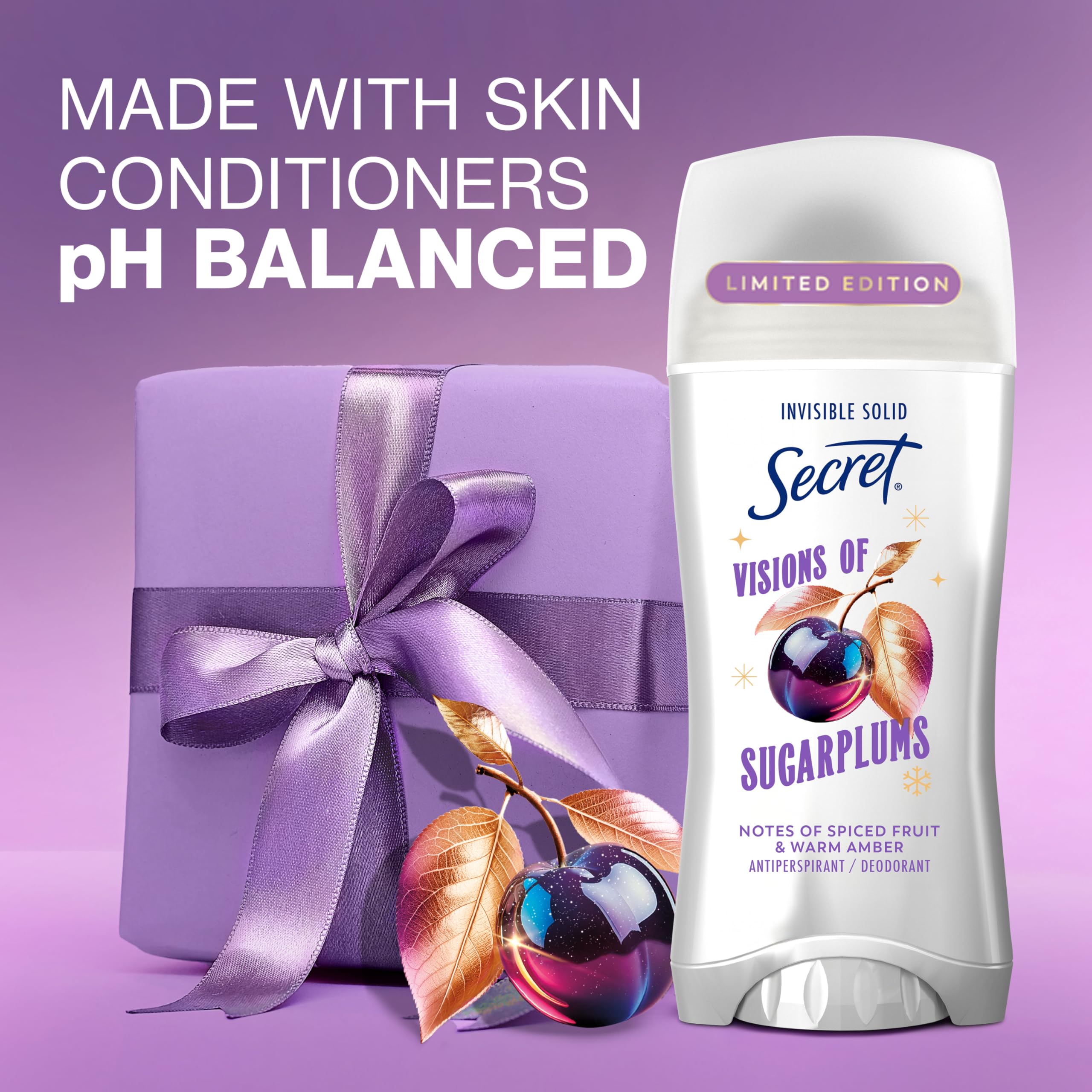 Secret Fresh minerals label highlights pH balancing for comfortable wear.