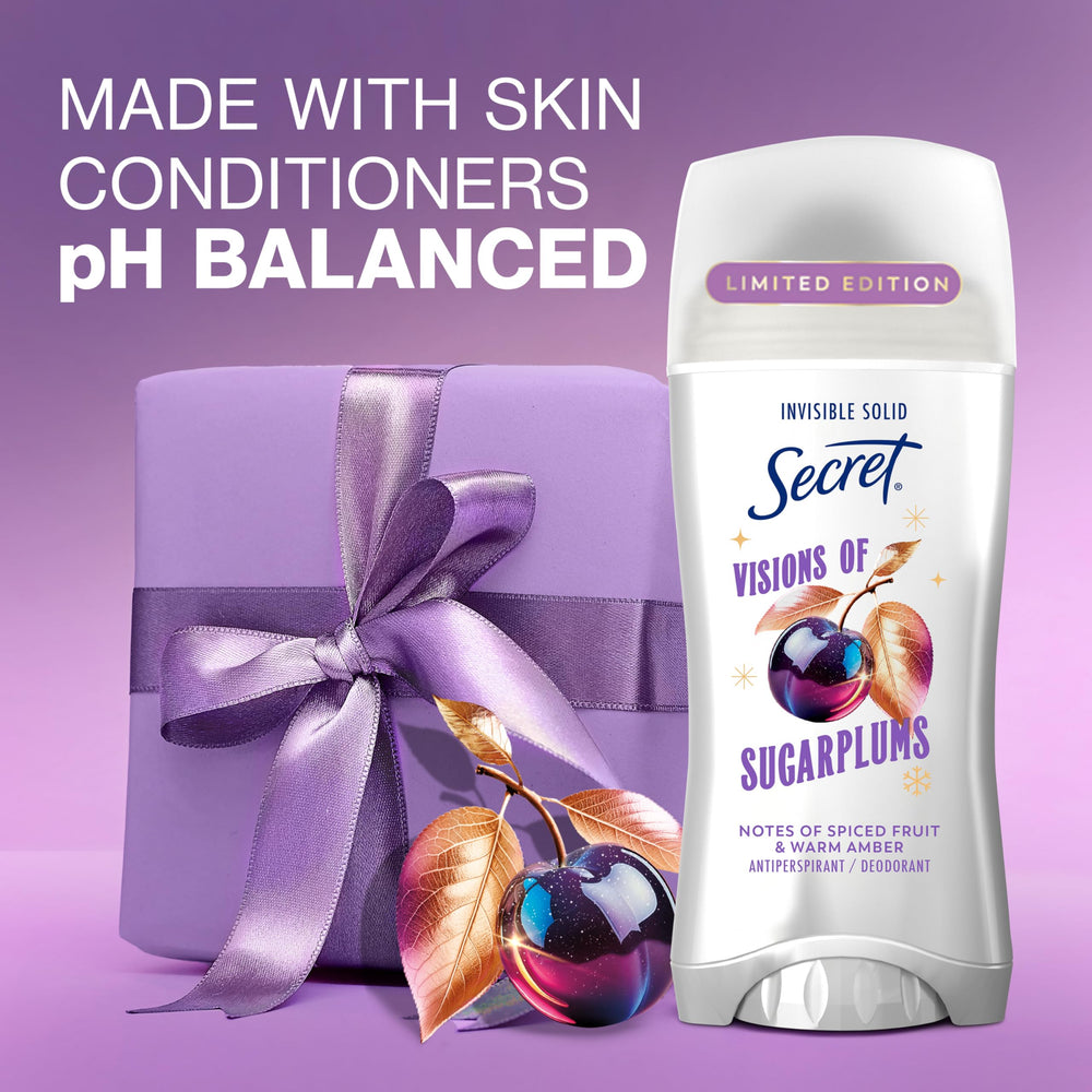 Secret Fresh minerals label highlights pH balancing for comfortable wear.