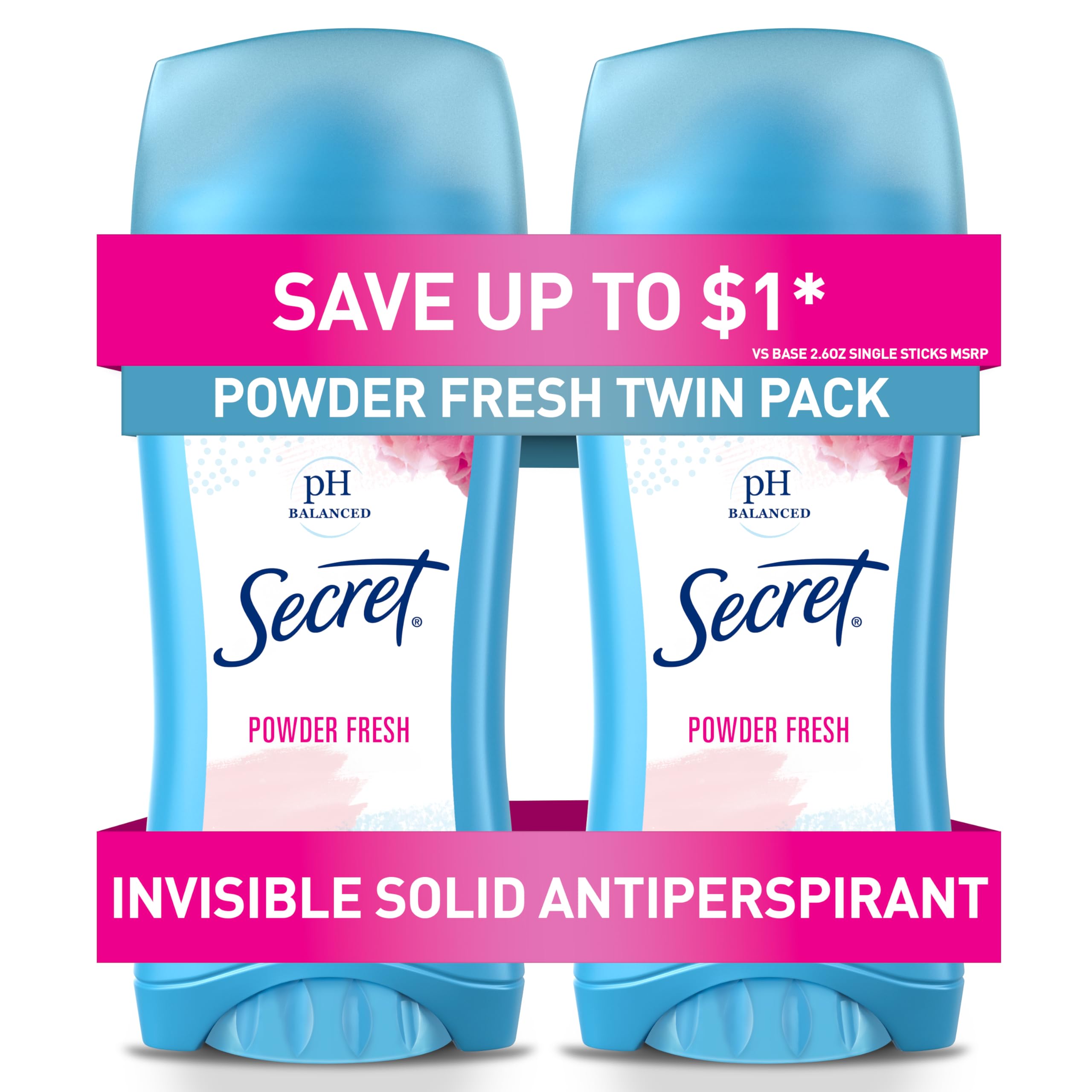 Secret invisible solid deodorant in powder-fresh twin-pack provides all-day protection.
