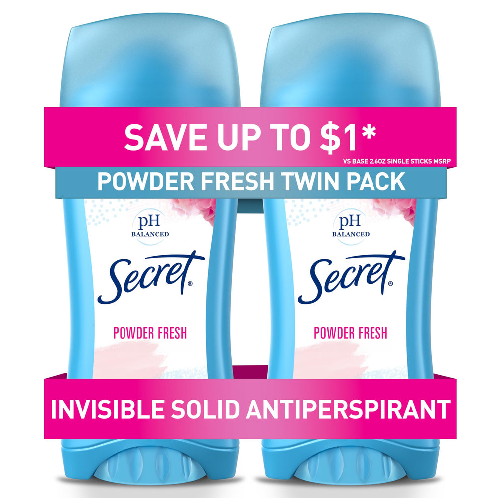 Secret invisible solid deodorant in powder-fresh twin-pack provides all-day protection.