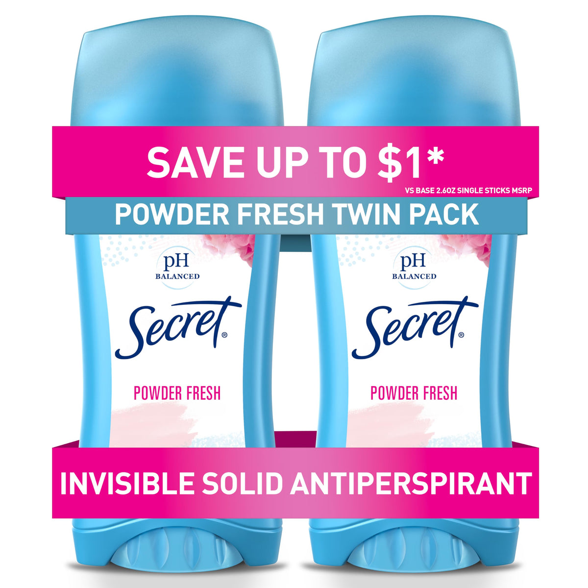 Secret invisible solid deodorant in powder-fresh twin-pack provides all-day protection.