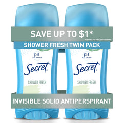 Secret Invisible Solid Shower Fresh pack shows all-day freshness.