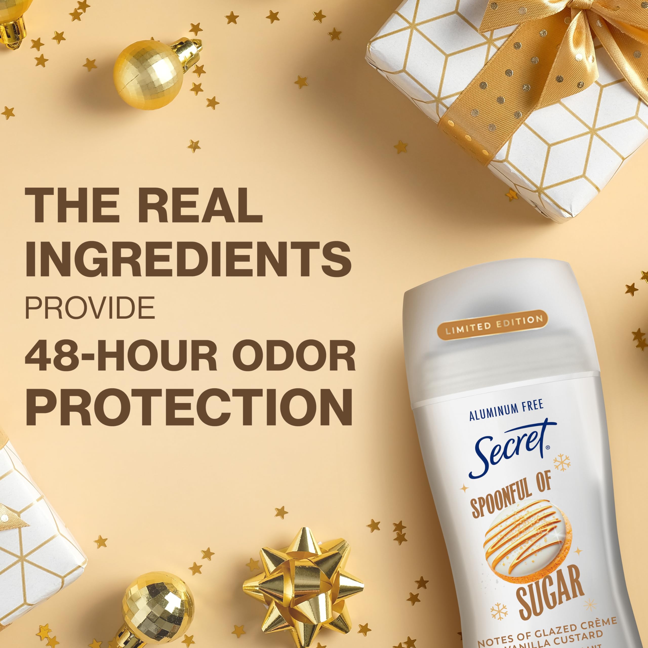 Secret 48-hour odor protection highlighted on packaging.