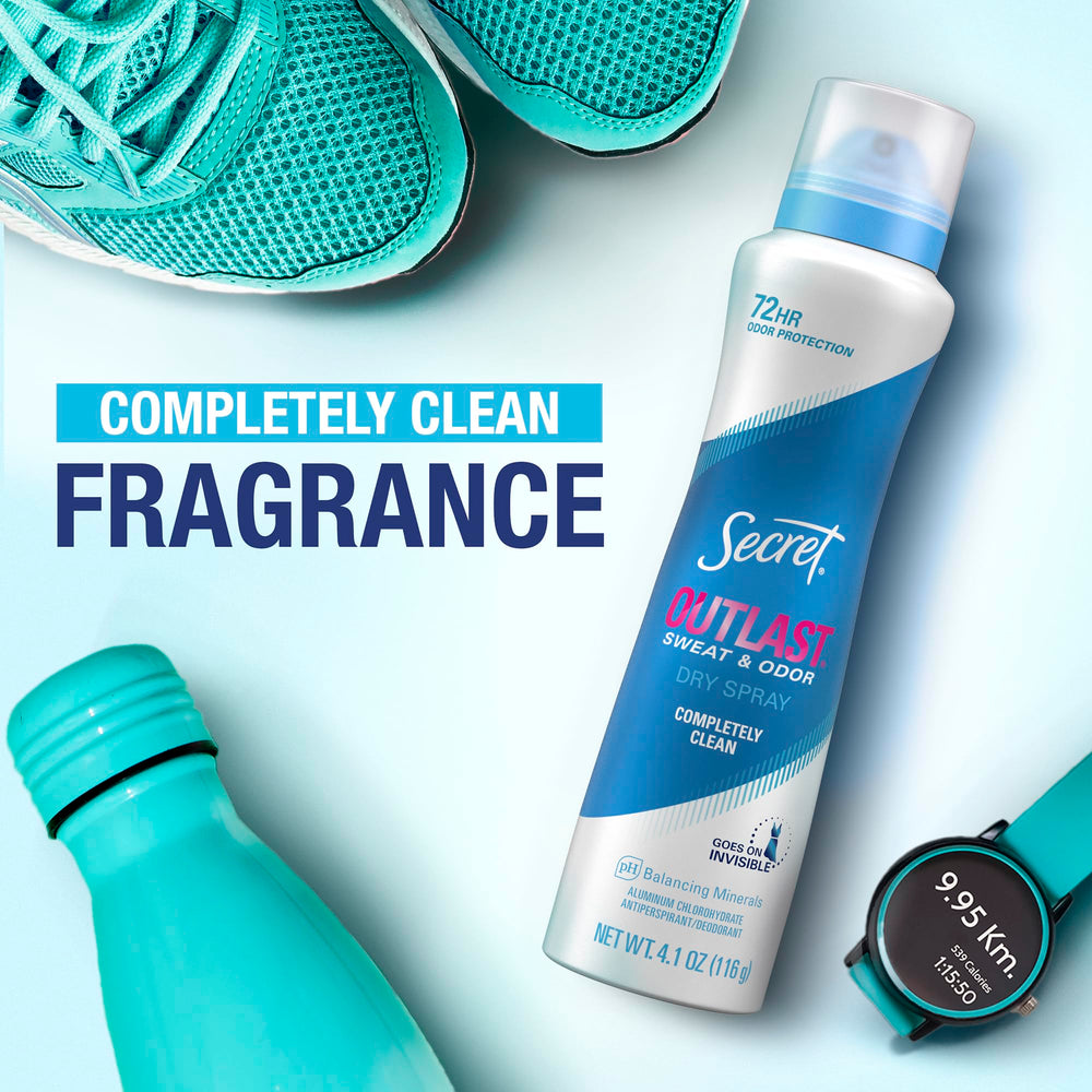 Secret Outlast Dry Spray completely clean scent enhances daily freshness.