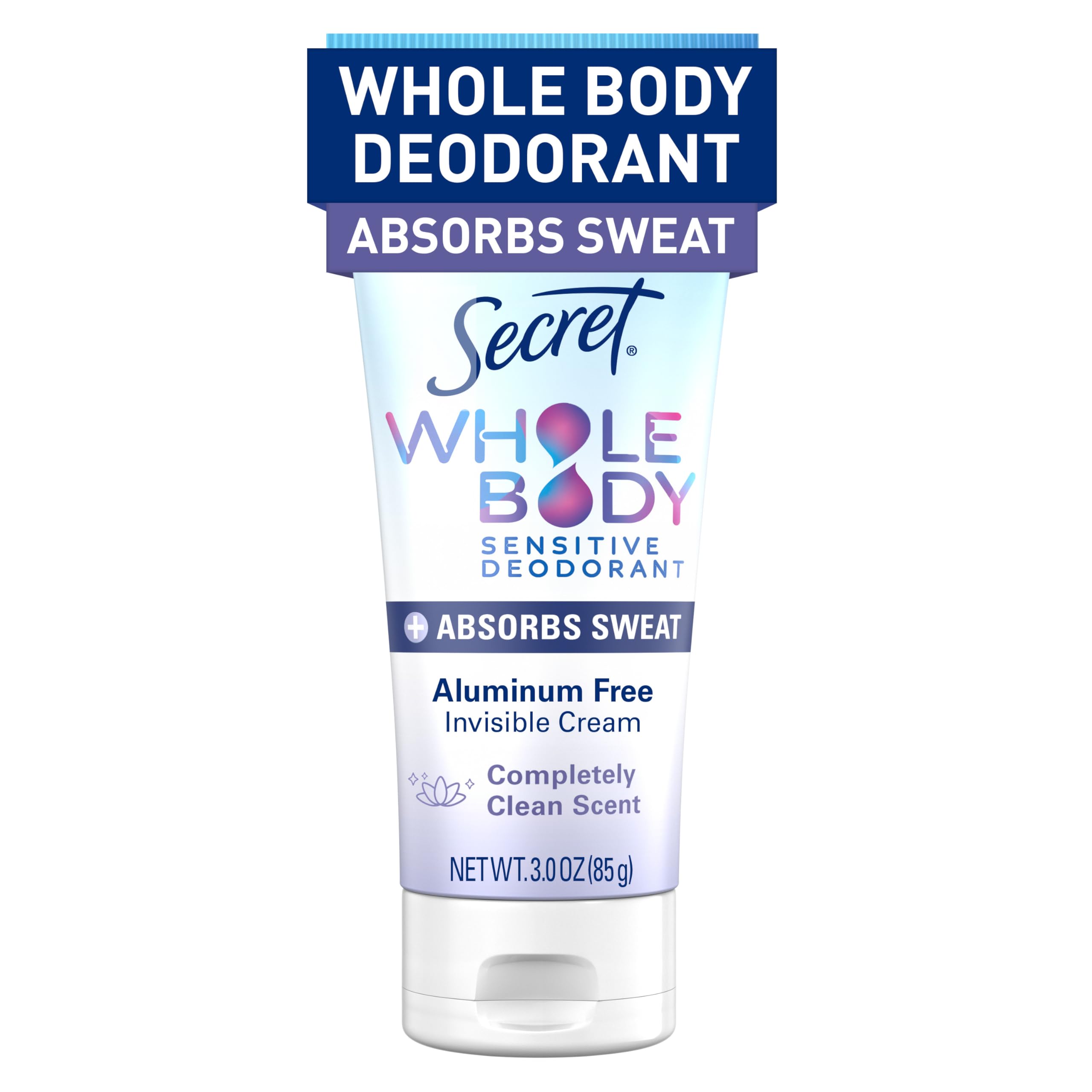 Secret Whole Body Dry Feel Cream bottle front with aluminum-free formula for odor protection