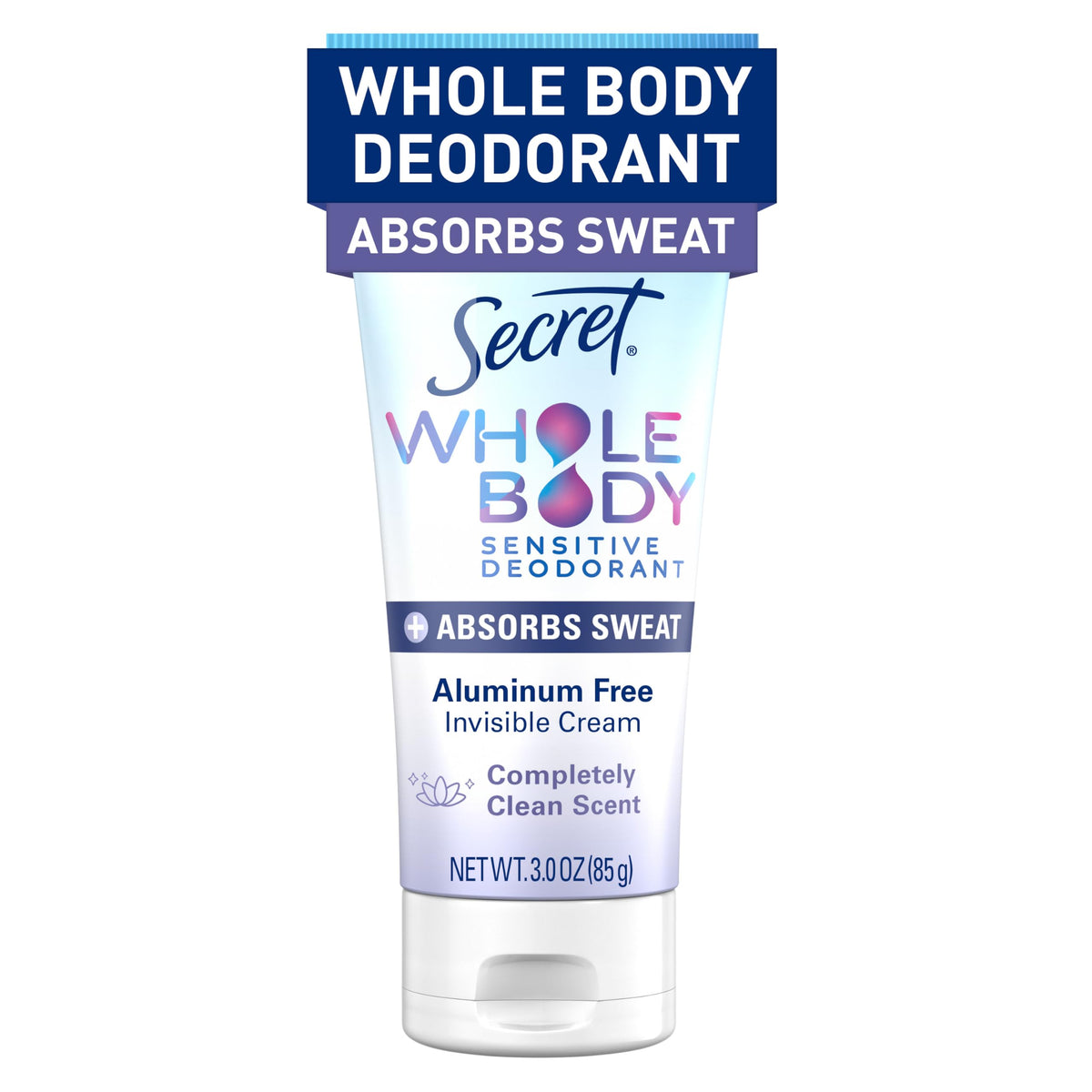 Secret Whole Body Dry Feel Cream bottle front with aluminum-free formula for odor protection