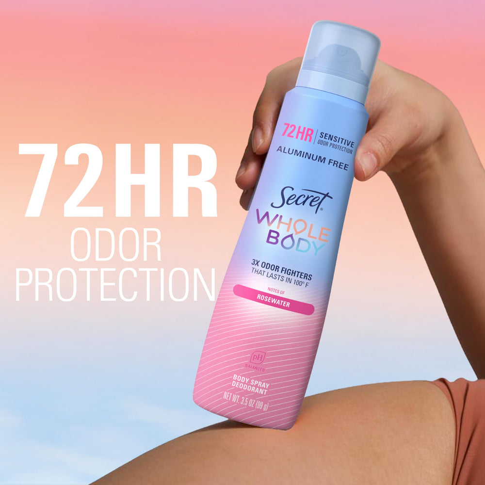 Secret Whole Body underarms spray demonstrates long-lasting protection during workouts.
