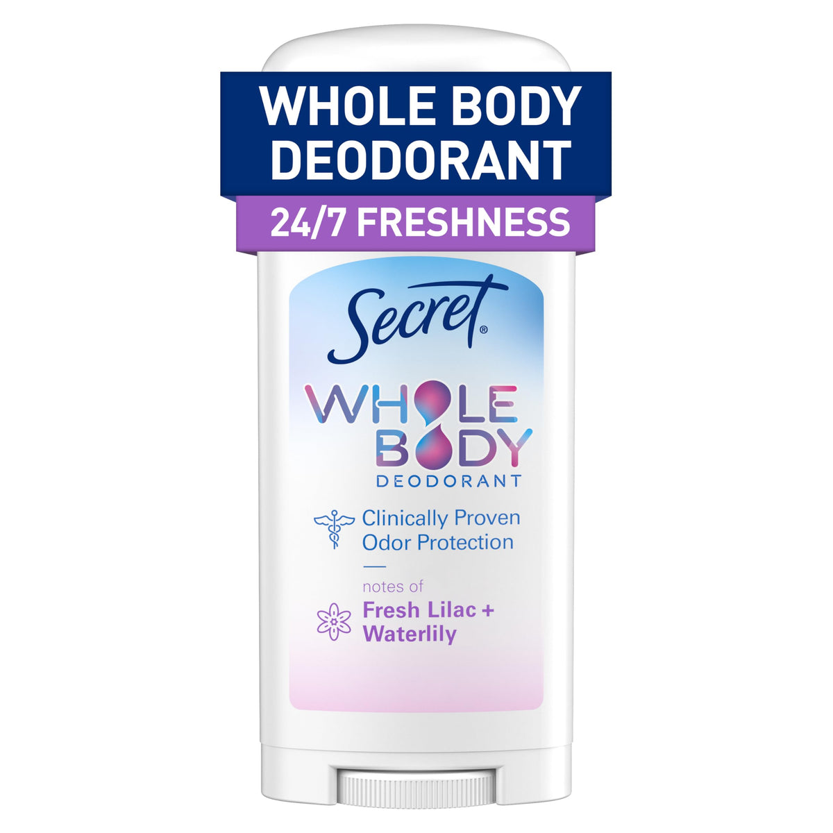 Secret Whole Body Deodorant Stick unopened showcases lilac and waterlily scent for fresh start