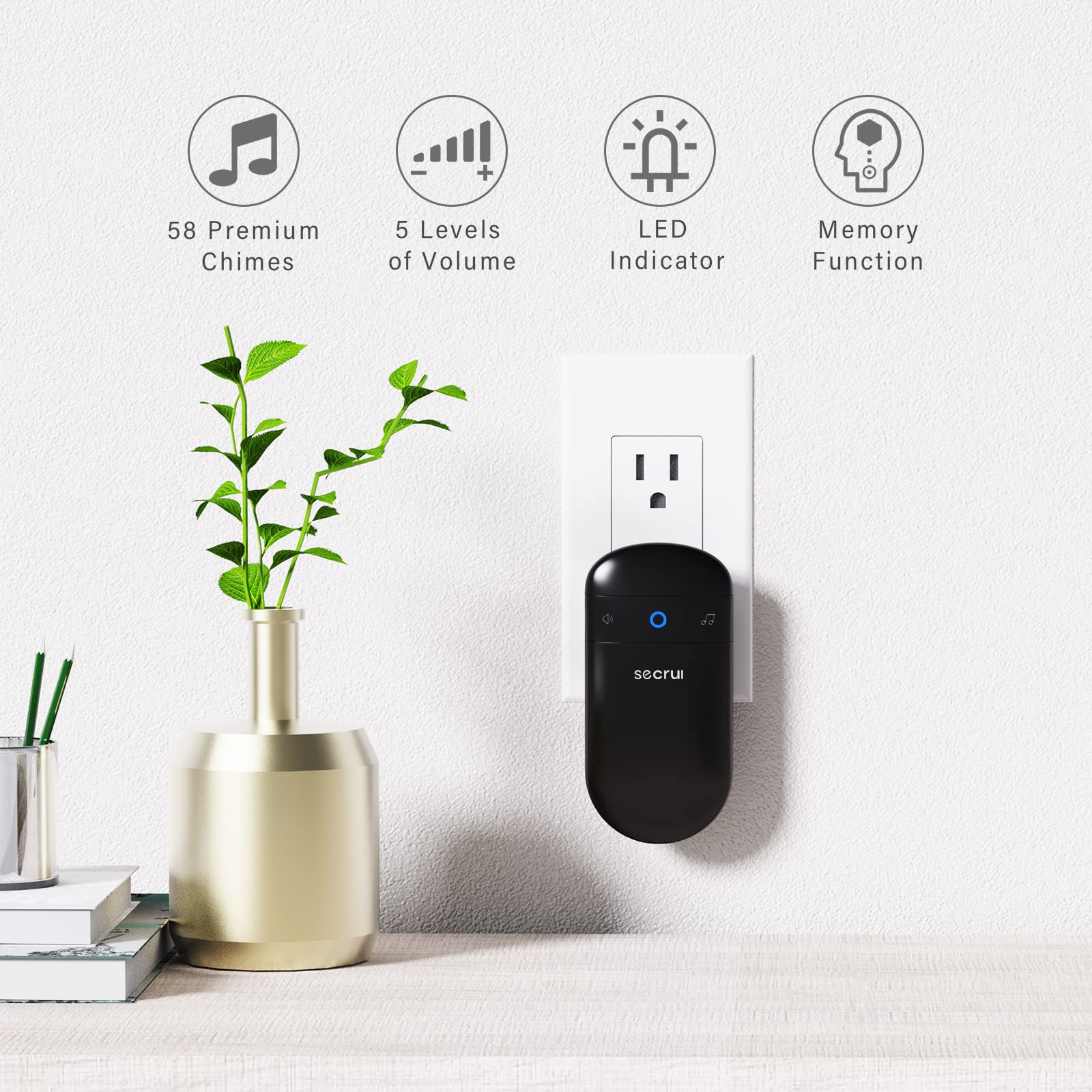 SECRUI wireless doorbell receiver close-up highlighting reliable signal and clear chime