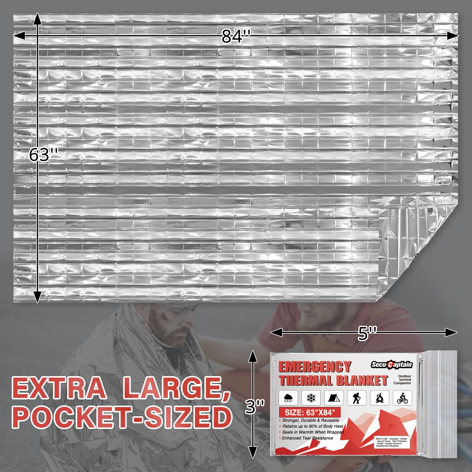 SecuCaptain survival blanket mylar-reflection enhances heat retention during cold nights.
