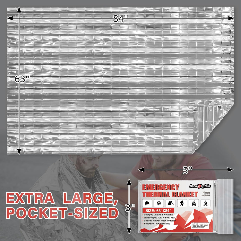 SecuCaptain survival blanket mylar-reflection enhances heat retention during cold nights.
