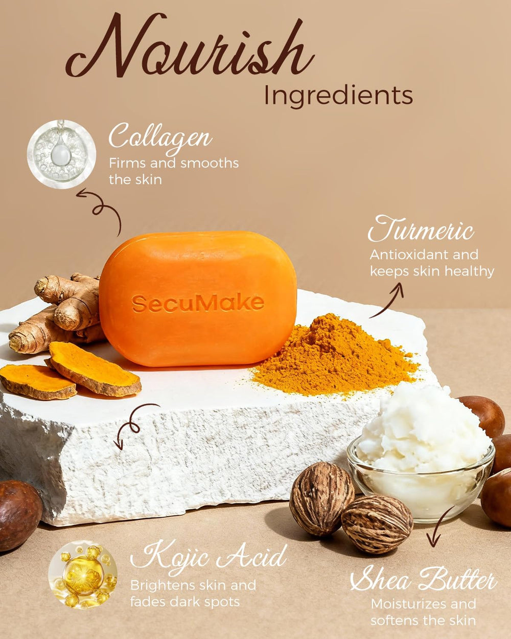 SecuMake Kojic Acid Soap with Vitamin C emphasizing radiant skin and hydration